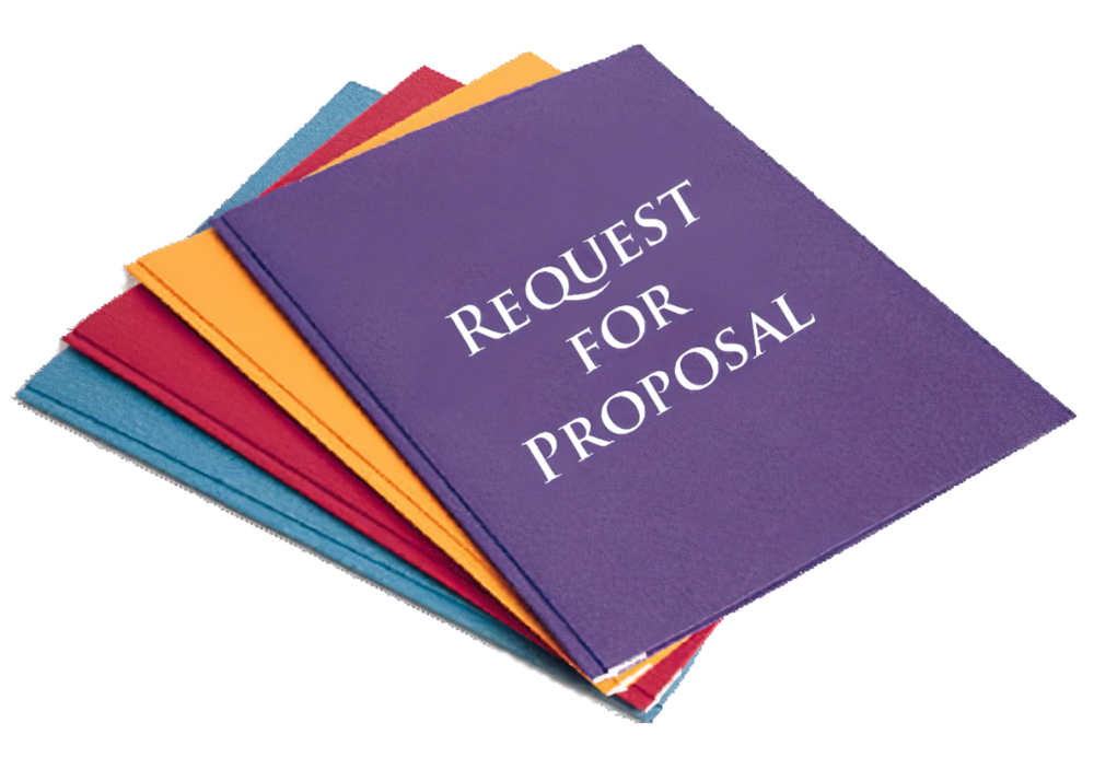 colored folders with white words that say  request for proposal