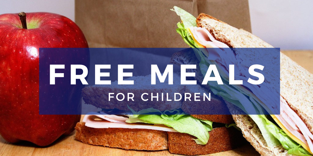 Free Free meals for children, photo of a sandwich and an apple.