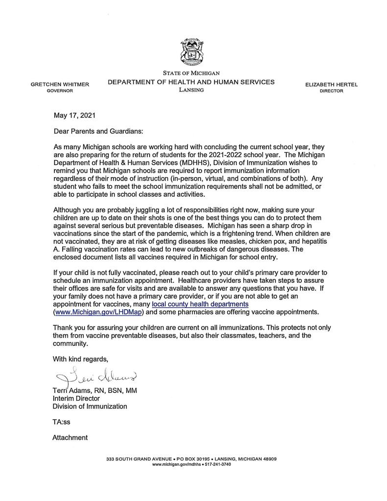 Letter from MDHHS regarding required vaccinations 