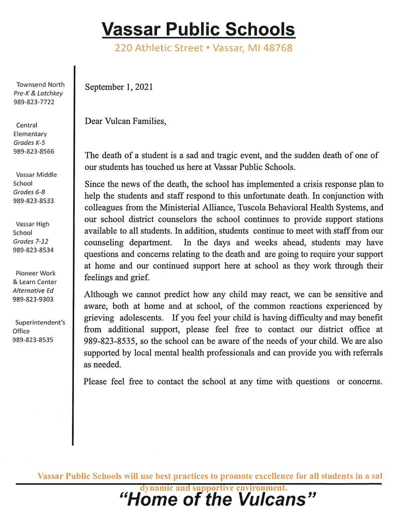 death of a student letter