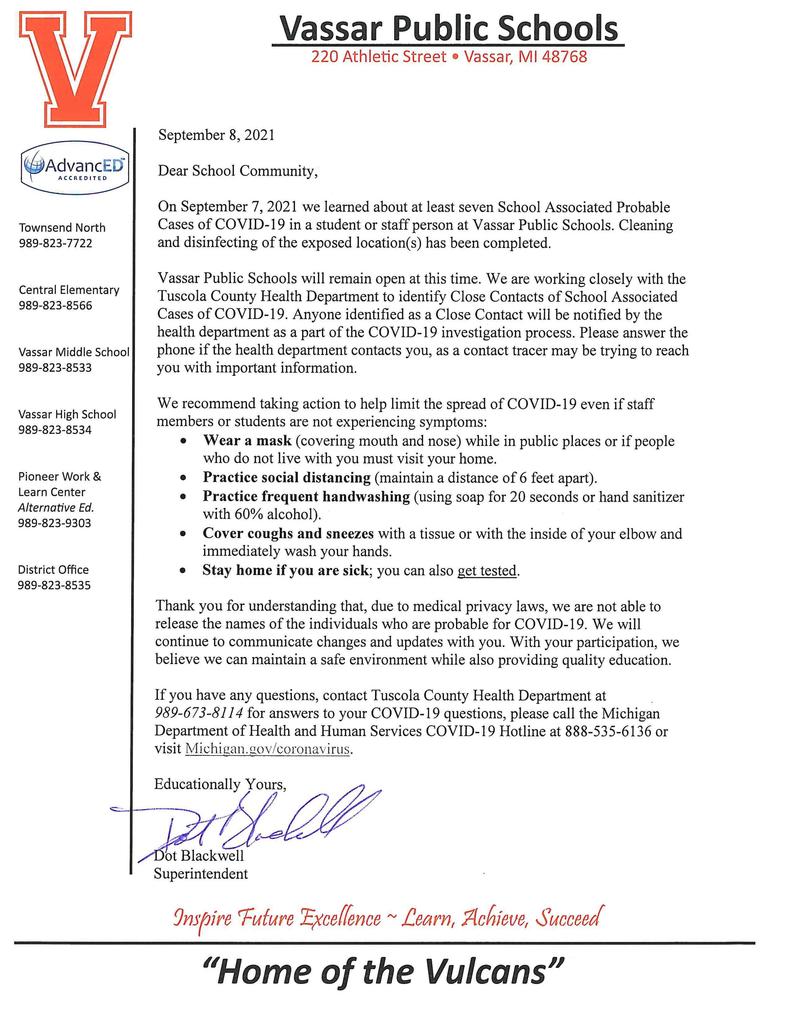 COVID 9/8/21 Letter