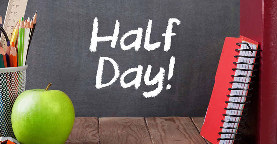 image that says half day with pencils in a container and an apple.