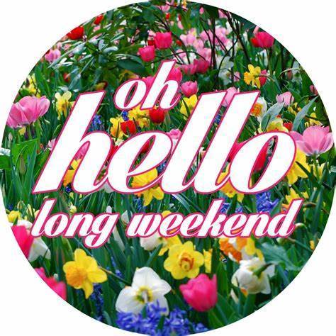 multicolor tulips with white words that say oh hello long weekend.
