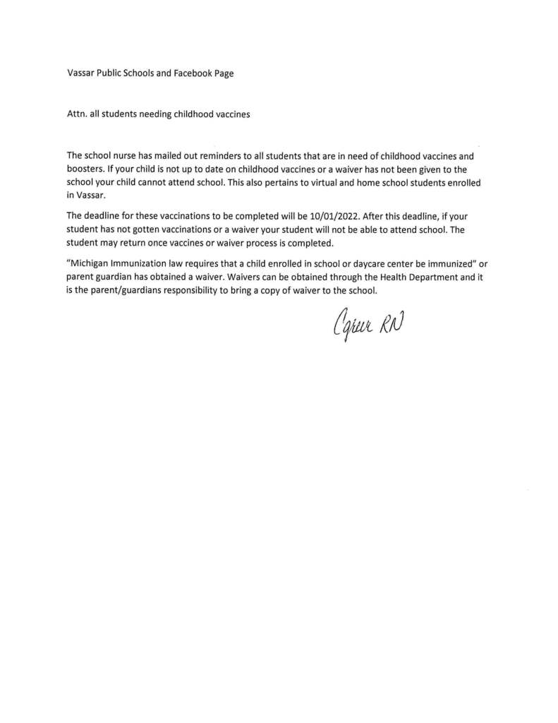letter from Nurse Greer regarding vaccinations