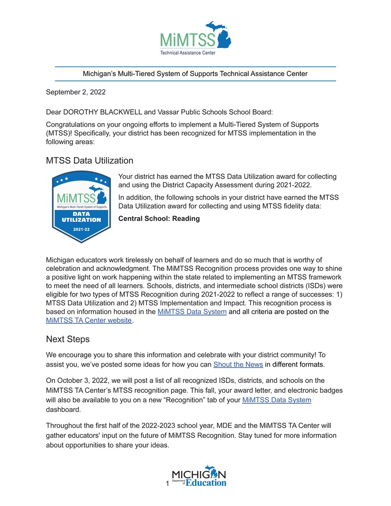 MIMTSS Award Letter
