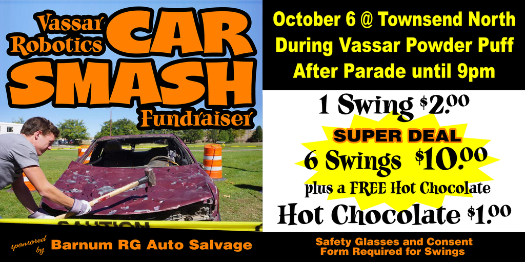 flier advertising Car Smash. Photo of person using a sludge hammer to hit a beat up car.