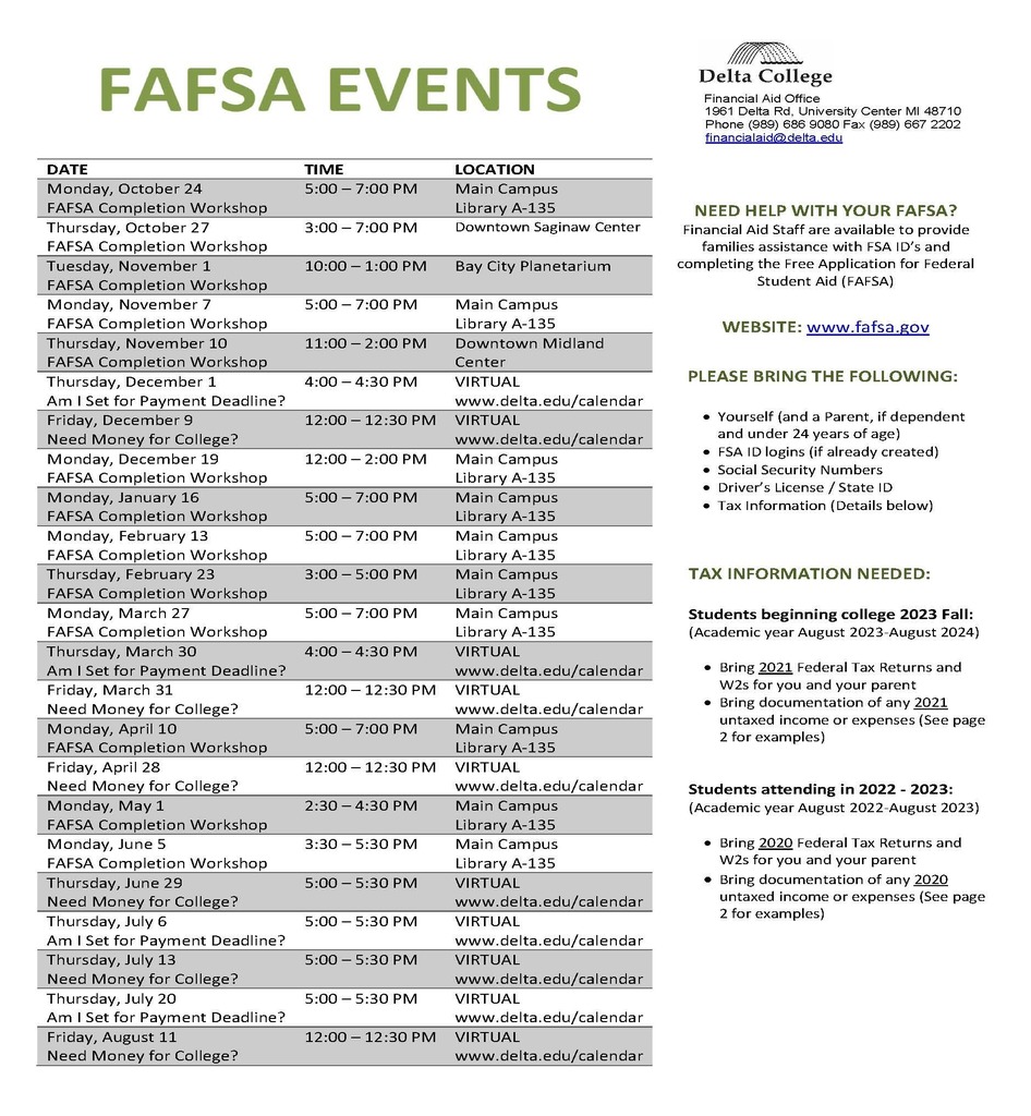 FAFSA events calendar