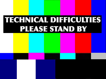 multicolored blocks with black bar with white words that reads Technical Difficulties Please Stand By