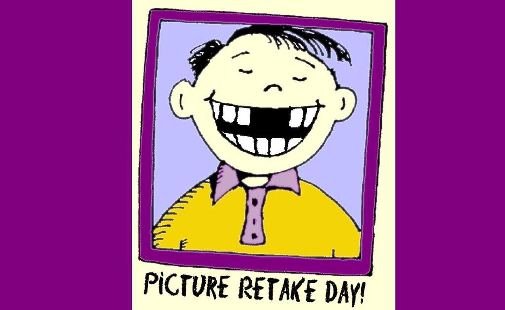 cartoon photo with purple background and child smiling with missing teeth and closed eyes