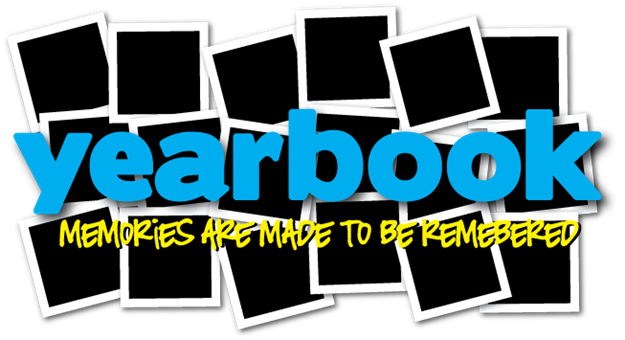 polaroid pictures that say yearbook in blue bubble letters