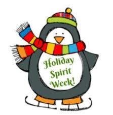 penguin with ice skates, hat and scarf that says Holiday Spirit Week!