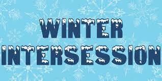 blue background with white snowflakes and Dark blue words that say winter intersession