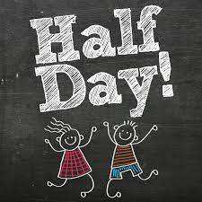 chalkboard with block letters that say half day with two little figures