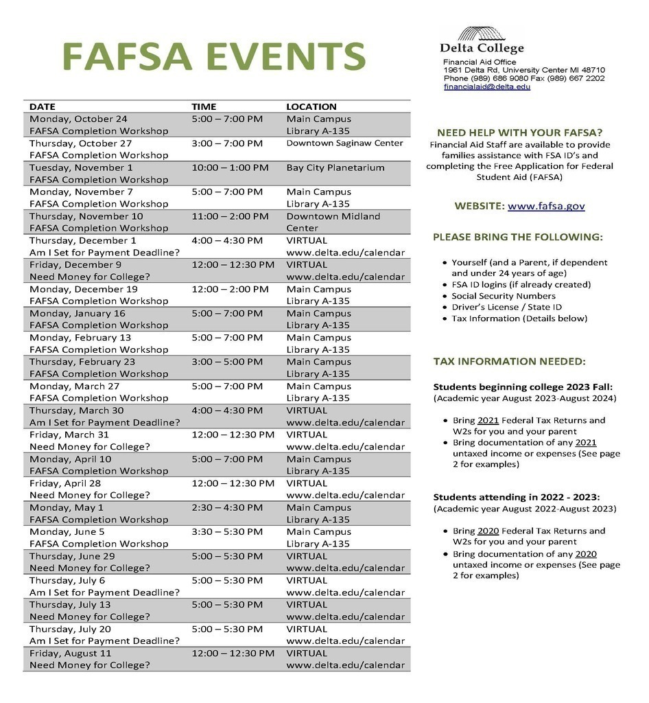 Delta calendar with FASFA clinic dates