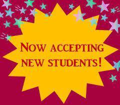 red background with yellow star in the middle and multiple multi-colored stars across the topthat says Now accepting new students!