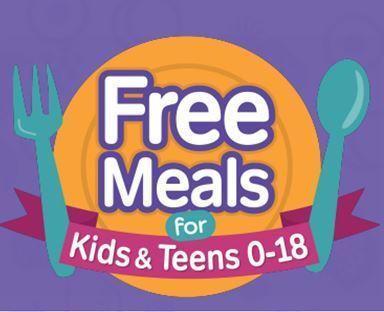 purple baclground with yellow plate and blue silverware. Text that reads Free Meals for Kids and Teens 0-18